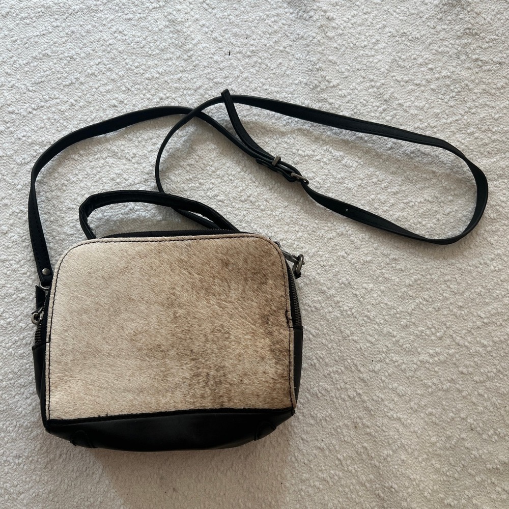 Genuine Leather Cowhide Hair-on-Hide Crossbody Bag Black Tan Western Square